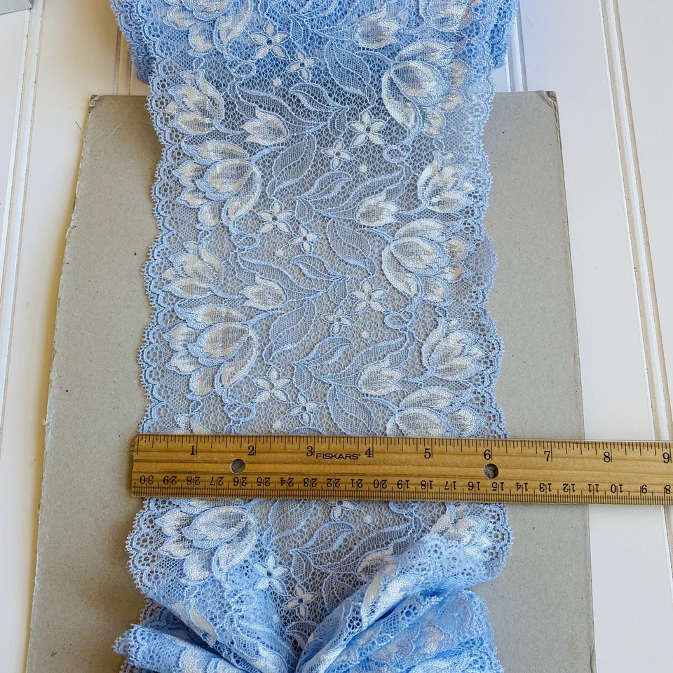 "Ribete de encaje floral azul y blanco elástico para bebé para costura/lencería/artesanía/6,25"" de ancho" Foto 3 de 4