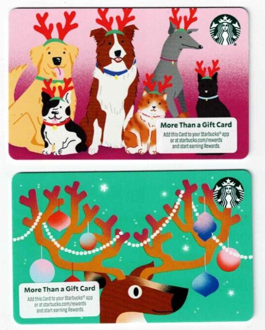 2024 STARBUCKS Christmas Gift Card - Dogs & Reindeer - LOT of 2