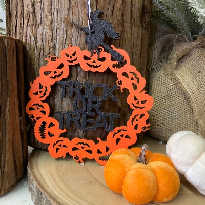 19 cm großes Holzschild Trick or Treat Hexe Kürbis Halloween Deko orange 