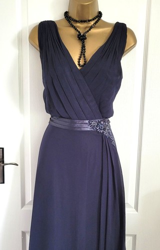 Jenny Packham UK 16 Navy Blue Chiffon Beaded Maxi Evening Dress - Picture 2 of 6