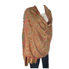 Shawl Silk Wool Blend Kashmir Style Paisley Fringe Gold