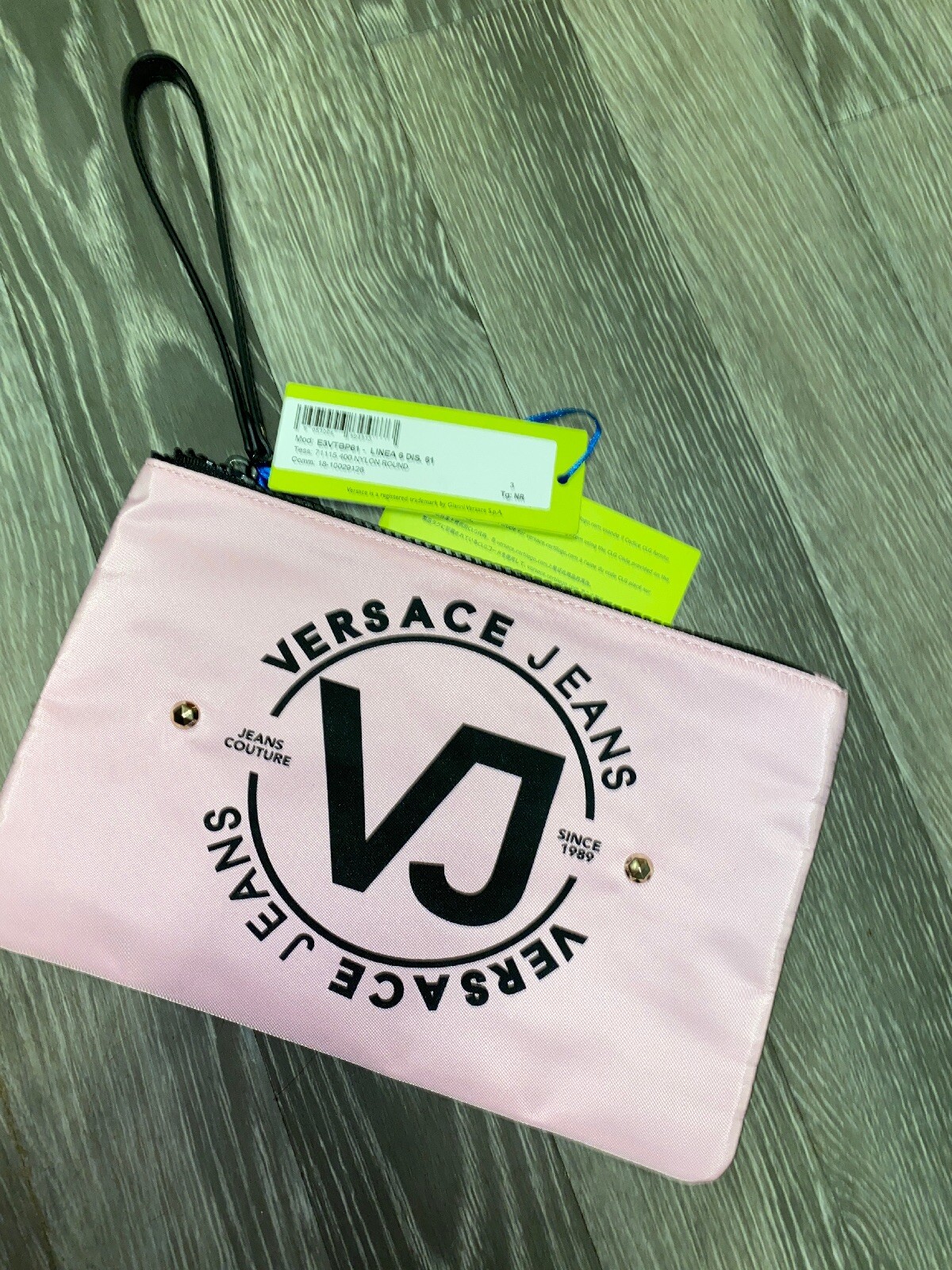 Versace Jeans Logo Nylon Pouch Wristlet Clutch New Pink