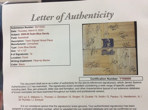 2008-09 Duke Blue Devils Team signed Wood Floor Piece 14 signatures auto JSA COA - Picture 6 of 9