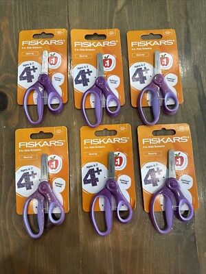6 Pcs Fiskars SoftGrip Kids Scissors, 5'', Blunt, for Kids 4+, Purple Glitter