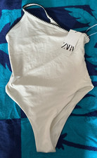 Zara Womens White One Piece Swimsuit 1 Shoulder Beige Crochet Stitching Sz S NWT