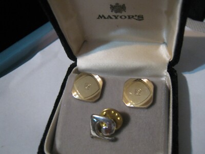 Set of PIERRE CARDIN PC Logo Golden Cufflinks & Silver Tie Tack Lapel Pin