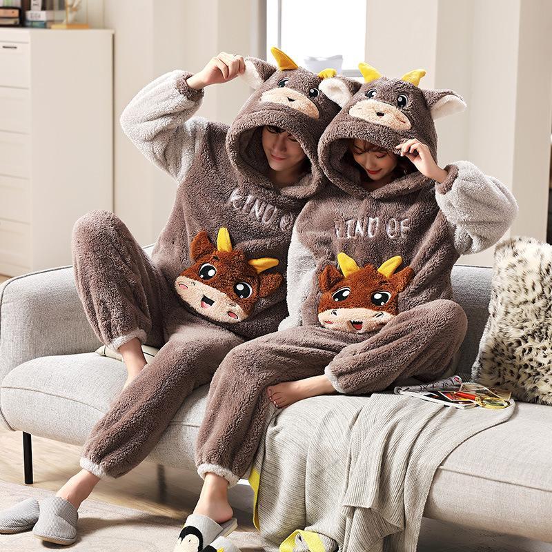 Hooded Pajamas Couples Matching Dinosaur Panda Thick Fleece Casual