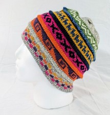 Soft Baby Alpaca Beanie Reversible White Blue Unisex Colorful Boho Llama Peru