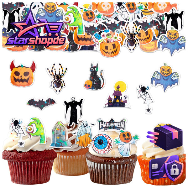 Halloween Tortendeko Essbar 60 StüCk Cupcake Topper Geister FledermäUse Spinnen-image