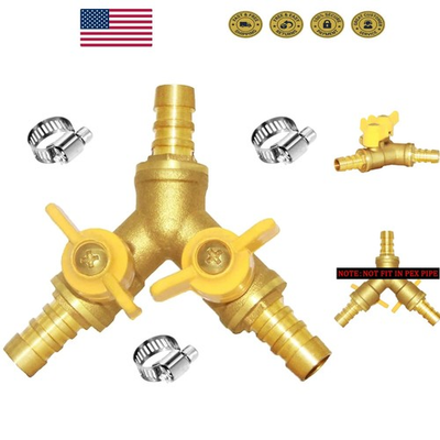 #ad Versatile 3 Way Brass Hose Barb Ball Valve with Stainless Steel Clamps Included $28.49