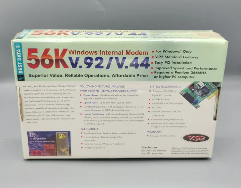Best Data Windows Internal Modem (56HP)56K V.92/V.44, 98 XE 2000 XP, New SEALED  - Image 4 of 4