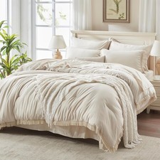 Andency Beige Comforter Set Full Size 7 Piece with Sheets Boho Tassel Bed-in-a-B