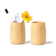 Natural Bamboo Toothbrush Holder 2 Pack, Simple Minimal Cylindrical Tumbler f...