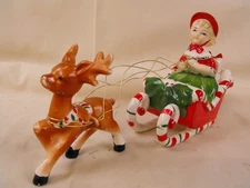 VTG Christmas Girl In Candy Cane Sleigh Pulled by One Reindeer - Lipper & Mann