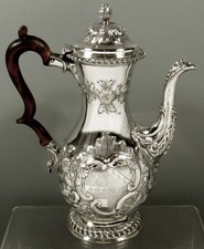 English Sterling Silver Coffee Pot 1743 FAMILY CREST