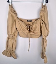 Missguided Womens Tall Crop Top UK 6 Beige Puff Sleeve Milkmaid Blouse