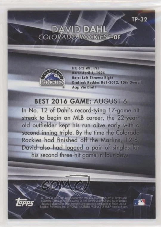 2016 Bowman's Best Top Prospects Gold Refractor /50 David Dahl #TP-32 - Image 2 of 2