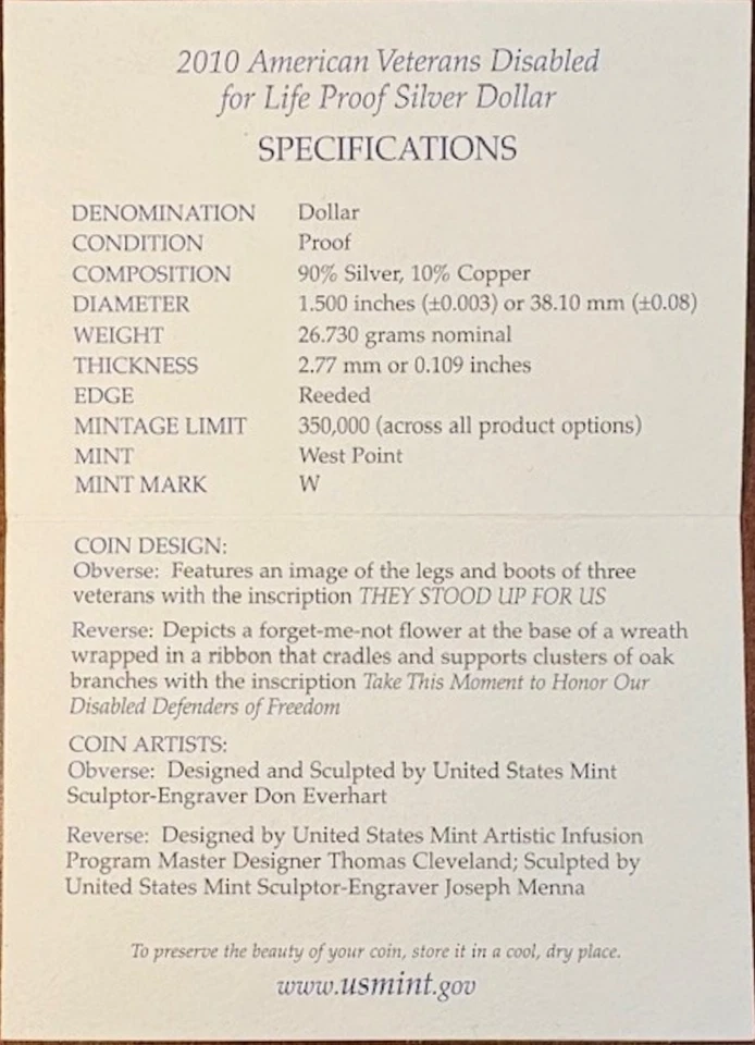 2010W Am. Vet Disabled for Life Silver Dollar Proof. OGP/COA. 203,000 minted. - Image 4 of 4