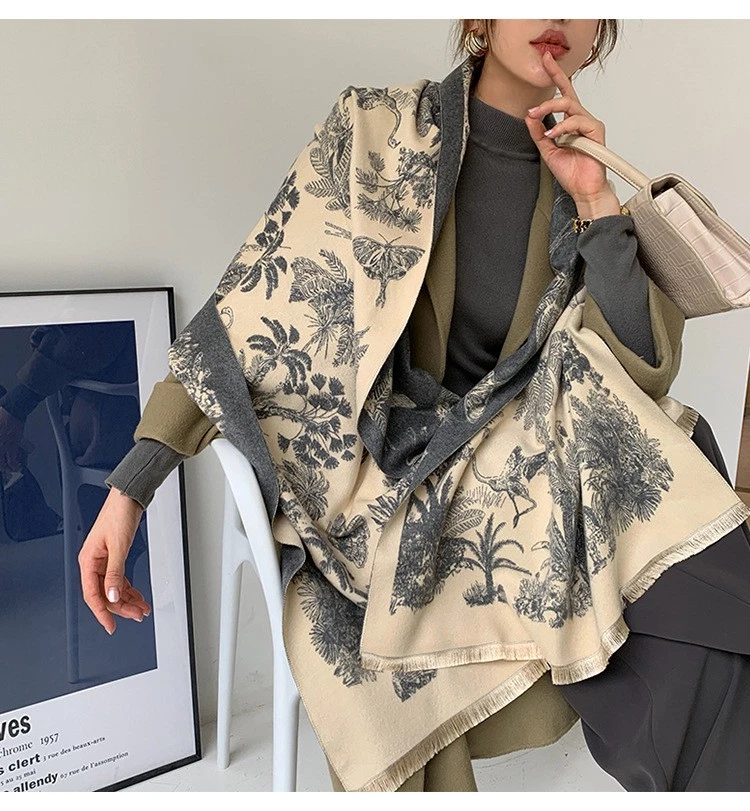 Neutral Toile De Jouy Print Scarf Shawl Wrap Winter Warm Long Reversible - Image 4 of 4