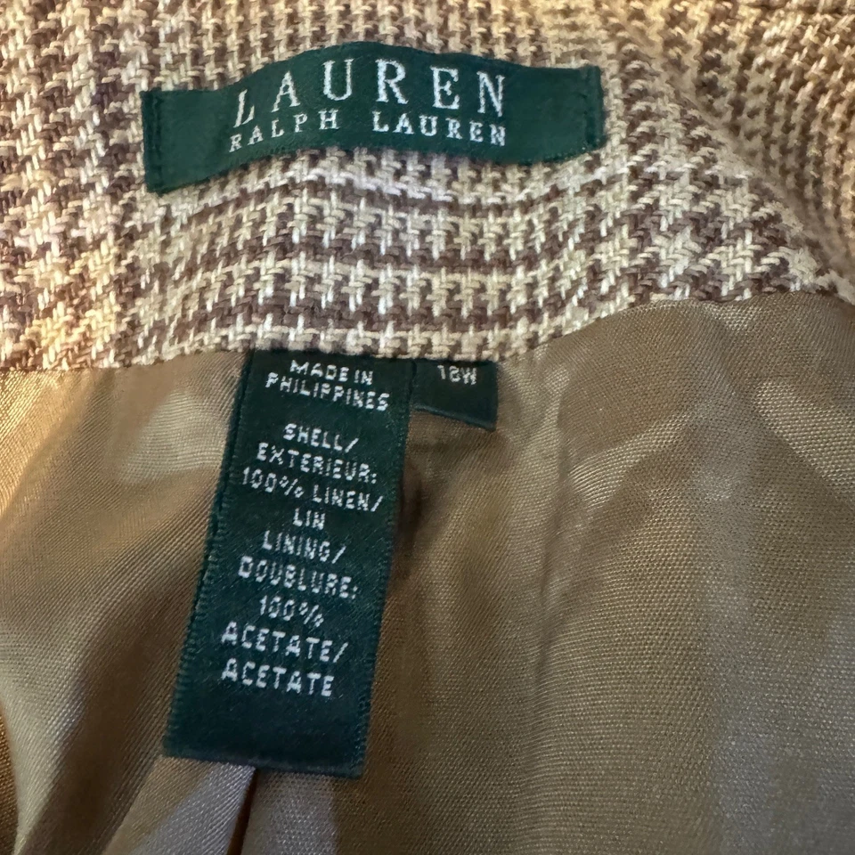 Lauren Ralph Lauren 100% Linen Houndstooth Blazer Womens 18w Tan Old Money Plaid - Image 3 of 4