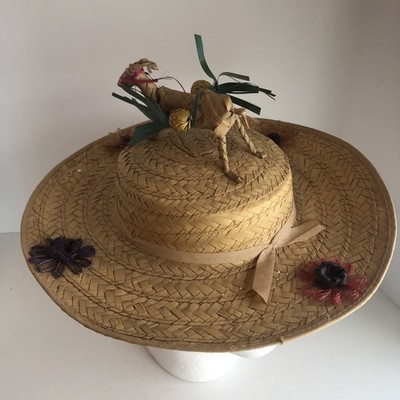 Unbranded Mexico Straw Hat Decorated With Flowers & 3D Donkey Horse Topper