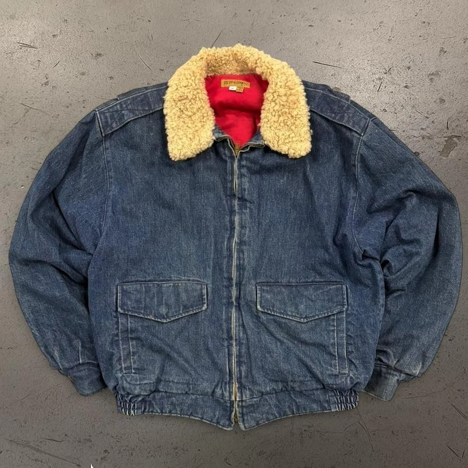 Vintage Mens Denim Bomber Jacket With Fur Collar SZ M