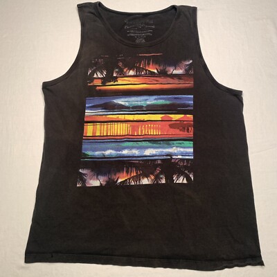 California Surfing Beach Graphic Print Tank Top Mens Large Black Nice Fading EUC