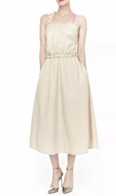 PASKAL Julie Beige Pink Ruffle Strappy Stretch Cotton Midi Dress M
