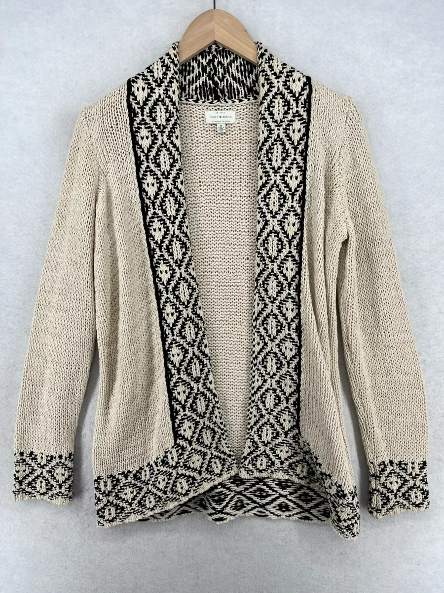 LUCKY BRAND Cardigan Women M Argyle Birdseye Knit Open Front Sweater Beige  Black