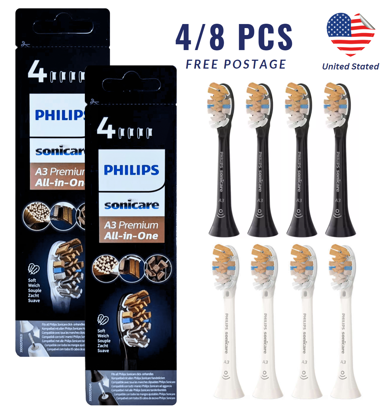 4/8 PCS Philip Sonicare A3 Premium All-in-One Sonic Toothbrush Replacement Head