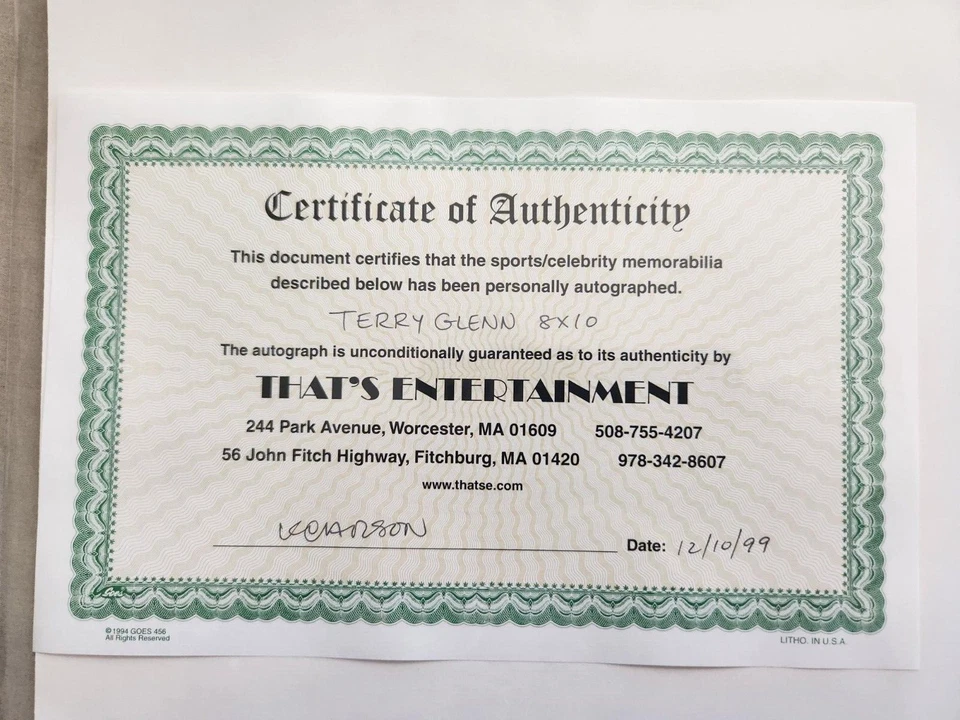 Foto Autografiada a Color Terry Glenn 8 x 10 Certificado de Autenticidad - Excelente Estado - ¡Muy Bonita! Foto 2 de 2