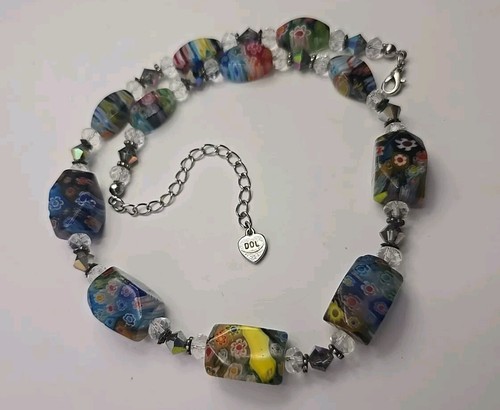 Millefiori Beads & Crystal Necklace Signed DOL 15-18" READ - Picture 16 of 18