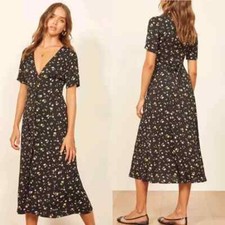 REFORMATION Venezia Black Floral Print Crepe LOCKLIN Button-Up Shirt Dress 0 XS