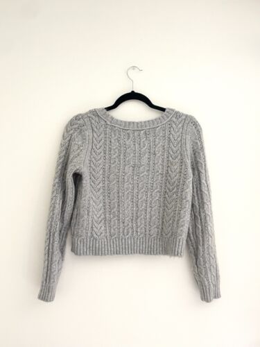 American Eagle Cable Knit Pointelle Cropped Button Down Cardigan Sweater Gray M - Picture 2 of 4
