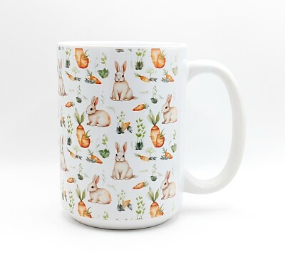 Cute Bunny & Carrots Coffee Tea Mug Cup 15 Oz Ceramic Easter Season by Mugzan