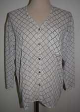 Cabi XS Blouse White Black Chessboard Plaid Roll Tab Sleeve Sheer Button Top 740