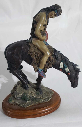 Native American resin man & horse figurine w/wood stand décor statue - Picture 6 of 14
