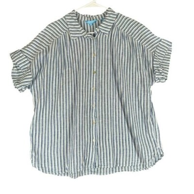 Draper James RSVP Women s L Large Stripe Linen Blend Button Shirt Coastal Beachy