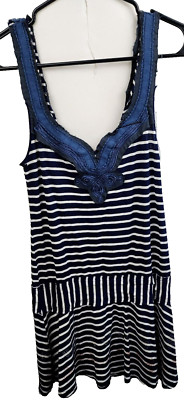 Vintage Free People Womens BOHO Tank Top XS Blue White Embroidered Striped