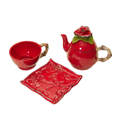 Studio B Red Garden Rose Small Stacking Teapot Teacup and Square Snack Plate Set