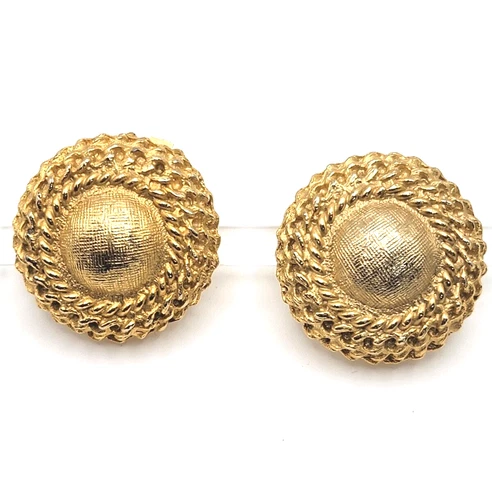 VTG Gold Tone Clip On Earrings Round Button Textured Rope Design Costume Jewelry
