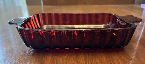 Vtg 1940’s Anchor Hocking Royal Ruby Red Glass Rectangular Ribbed Relish Dish