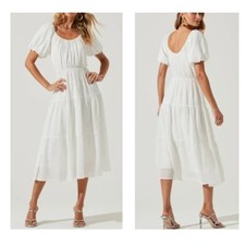 ASTR the Label NWT White Gauzy‎ Puff Sleeve Scoop Neck Tiered Maxi Dress, Sz Med