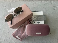 Miu Miu SMUA54 Oval Gold Metal Sunglasses Black Tinted Plastic Lens Women