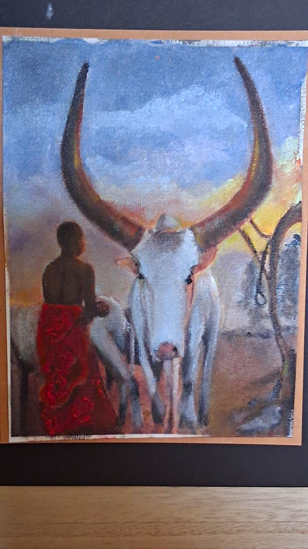 Matted & Framed Portrait Painting Longhorn Cattle & Person Figure Animal Theme