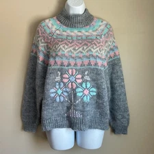 Vintage Pastel Floral Fair Isle 90s Mock Neck Pullover Sweater Size L
