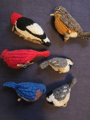 hand knit birds robin chickadee cardinal downy woodpecker bluebird