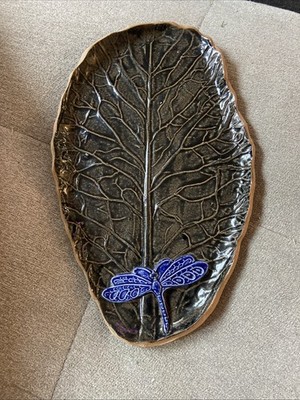 Vintage Studio Art Pottery Plate Dragonfly On Leaf  Signed SW Handmade