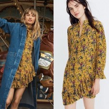 MADEWELL X KAREN WALKER Floral Silk Loretta Long Sleeve Ruffled Dress Size 2