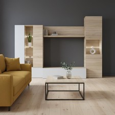 Entertainment Media TV Storage Unit - Oak & White with Glass & LED Lighting